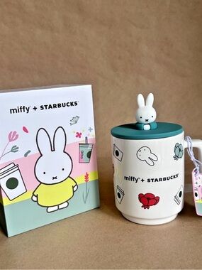 Starbucks x Miffy Ceramic Mug with Teal Lid and White Bunny Topper